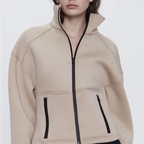 Zara Scuba Zip Up Jacket Size Small Beige Puff Sleeve Athleisure - Picture 3 of 11